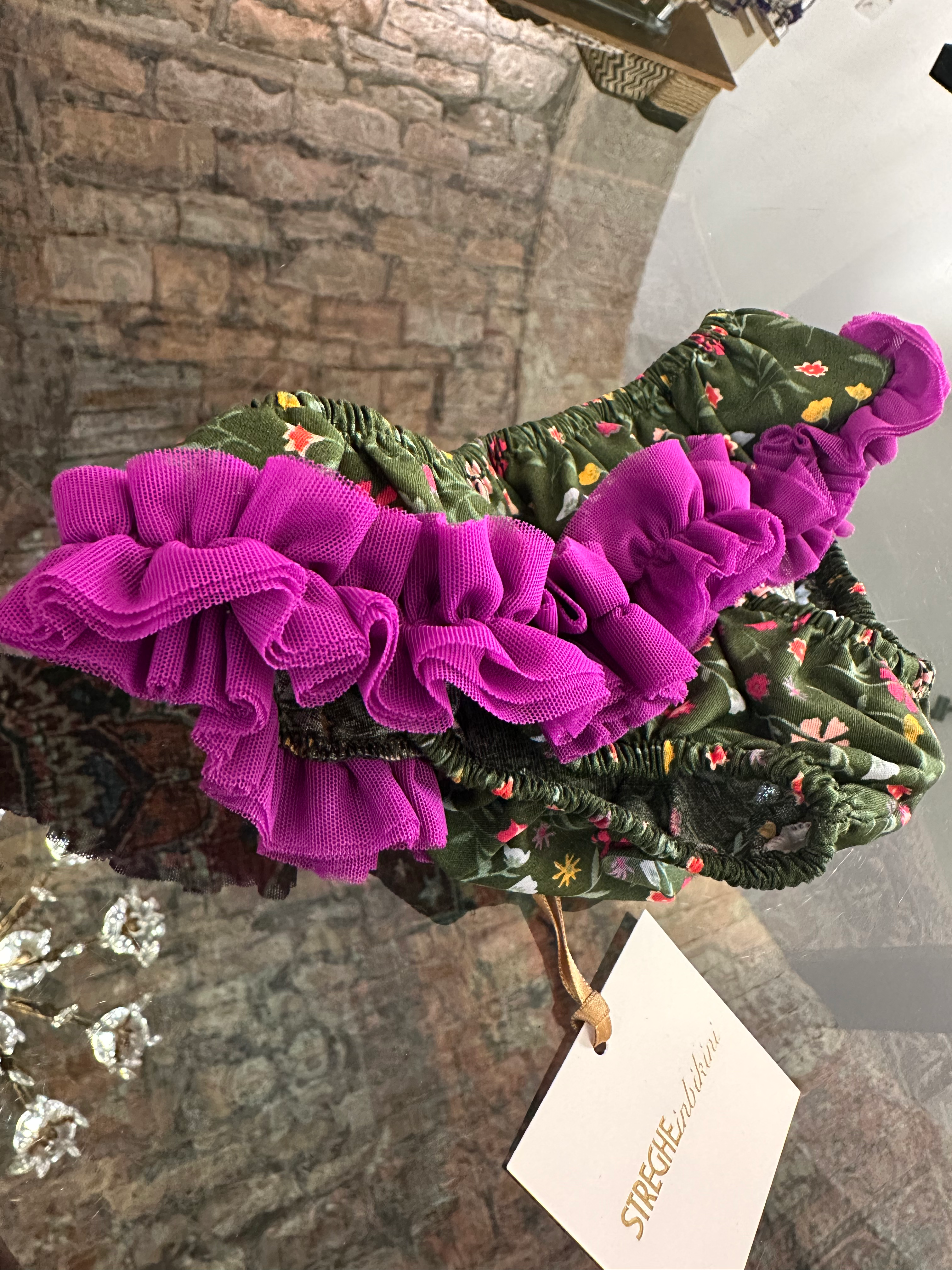 Slip bimba Lavinia verde con fiorellini e rouches viola 