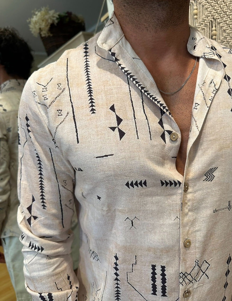 Miniatura: Camicia misto Lino fantasia geometrica 