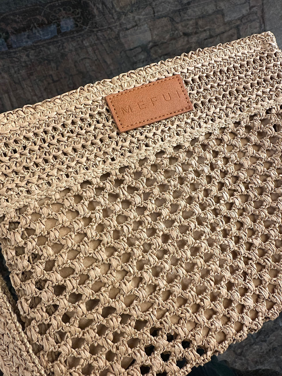 Miniatura: Pochette rafia color naturale con polsiera 