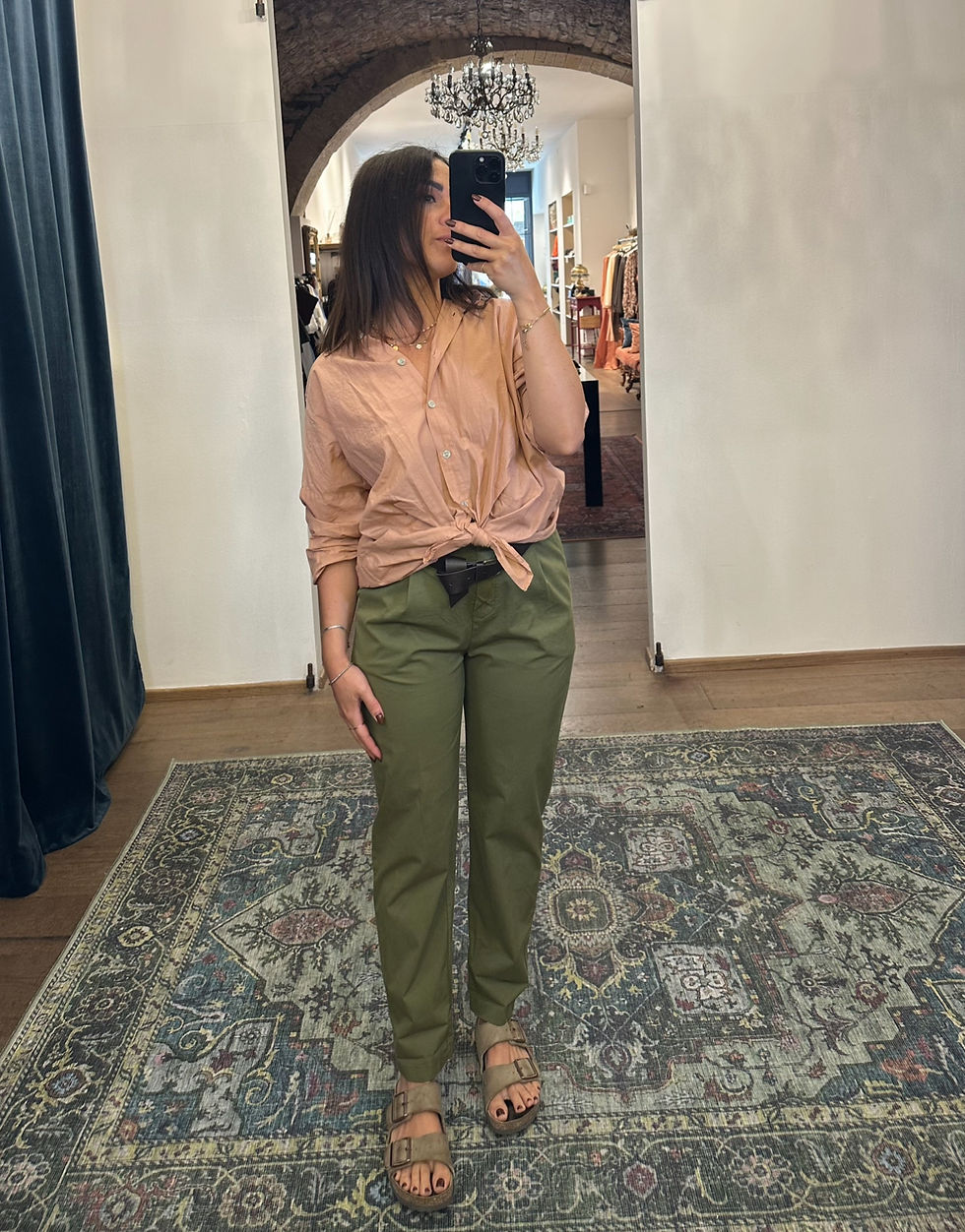 Miniatura: Pantalone verde army con pinces gamba asciutta cinta integrata 