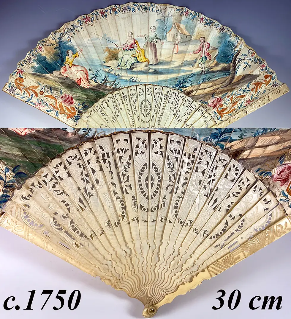 Rare Antique c.1740-50 Hand Fan 30cm Hand Painted Paper Leaf, Carved Monture, 18th Century/ Regular price $1,595.00 Sale price $1,116.50
