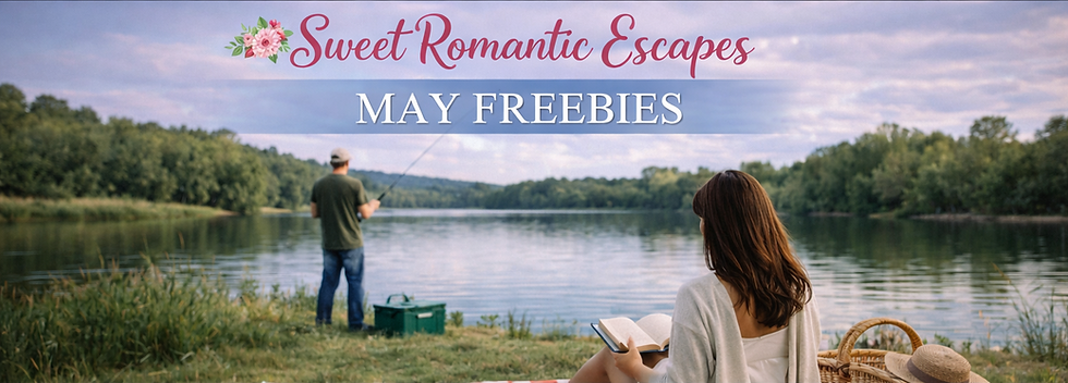 Woman reading by a lake, man fishing nearby. Trees in background, cloudy sky. Text: Sweet Romantic Escapes, May Freebies. Relaxed mood.