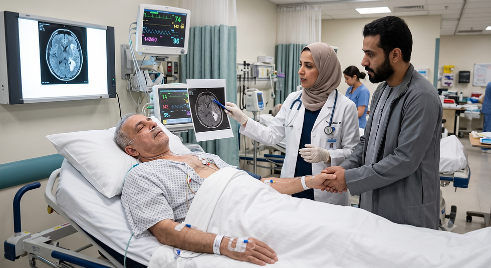 Emergency doctor explaining brain MRI scan of a stroke patient to family member