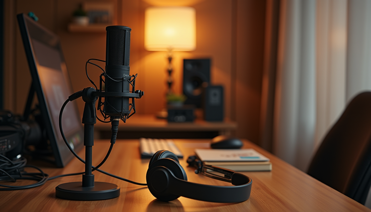 Eye-level view of a cozy podcast recording setup with microphone and headphones