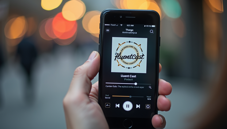 Close-up of a smartphone screen showing a podcast app with FluentCast episode playing