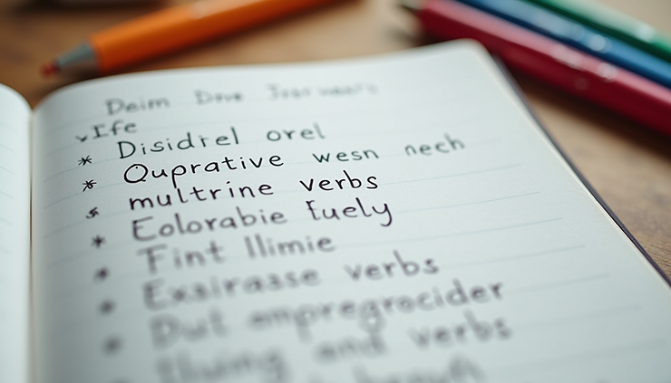 Close-up view of a notebook with English idioms and phrasal verbs written down