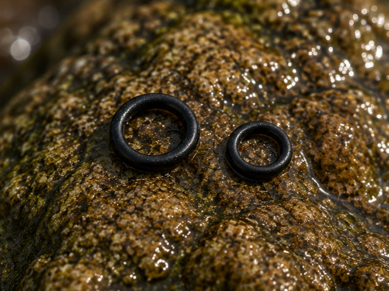 Rig Ring Piombies, confronto tra due misure di anello in gomma appoggiati su una roccia bagnata