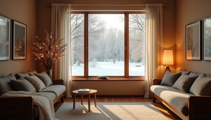 Eye-level view of a cozy room with a therapist's chair near a window showing a snowy landscape outside