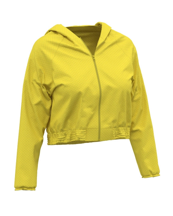 A digital fashion design of a yellow jacket created in Clo3D by @designingwithellie