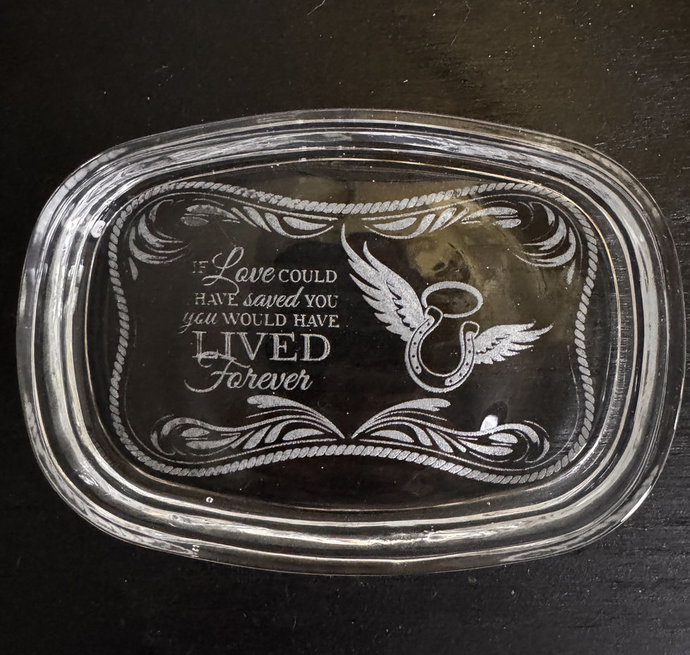 Glass horse memorial trinket dish with angel wings and inspirational quote.