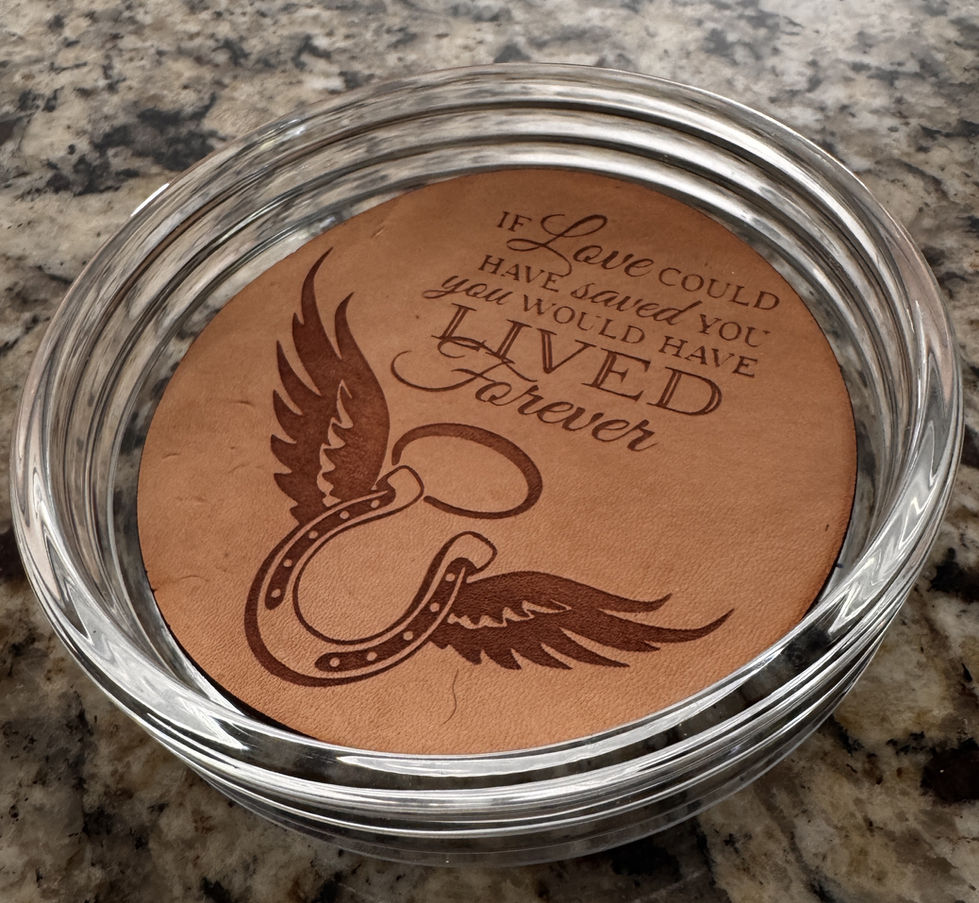 Glass dish with leather engraved horse memorial message