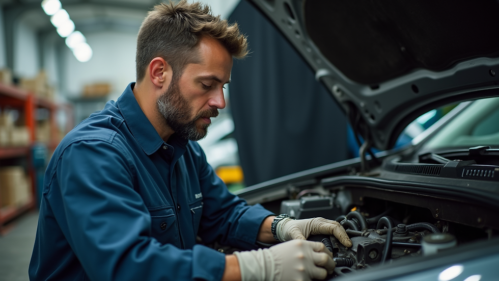 Close-up view of a mechanic examining car parts in a workshop