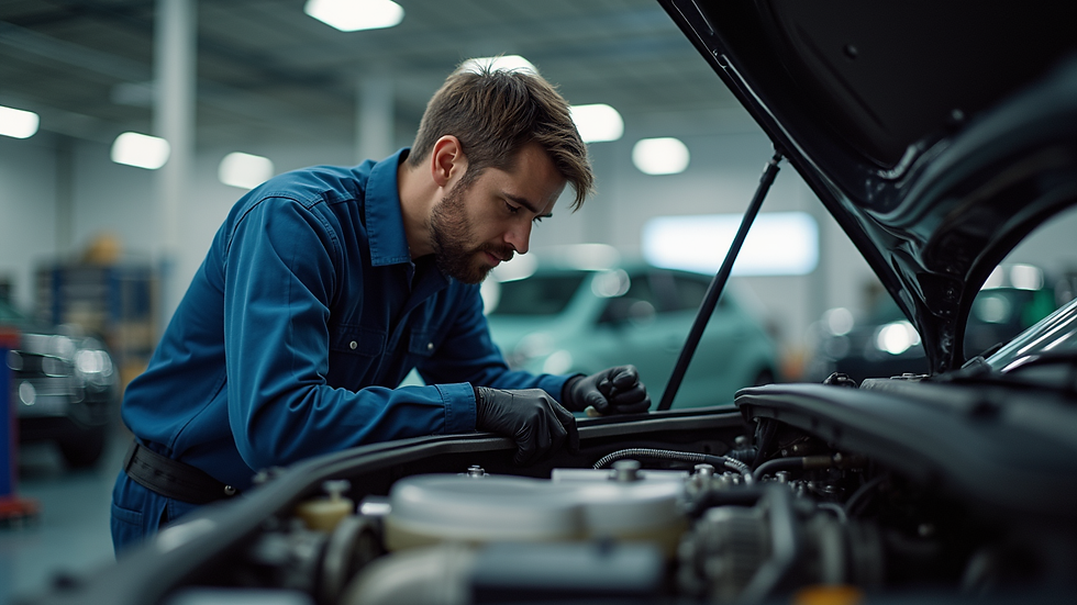 Eye-level view of a professional mechanic inspecting a car engine