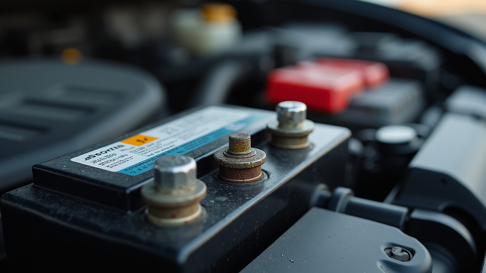 Close-up view of a car battery with visible corrosion on terminals
