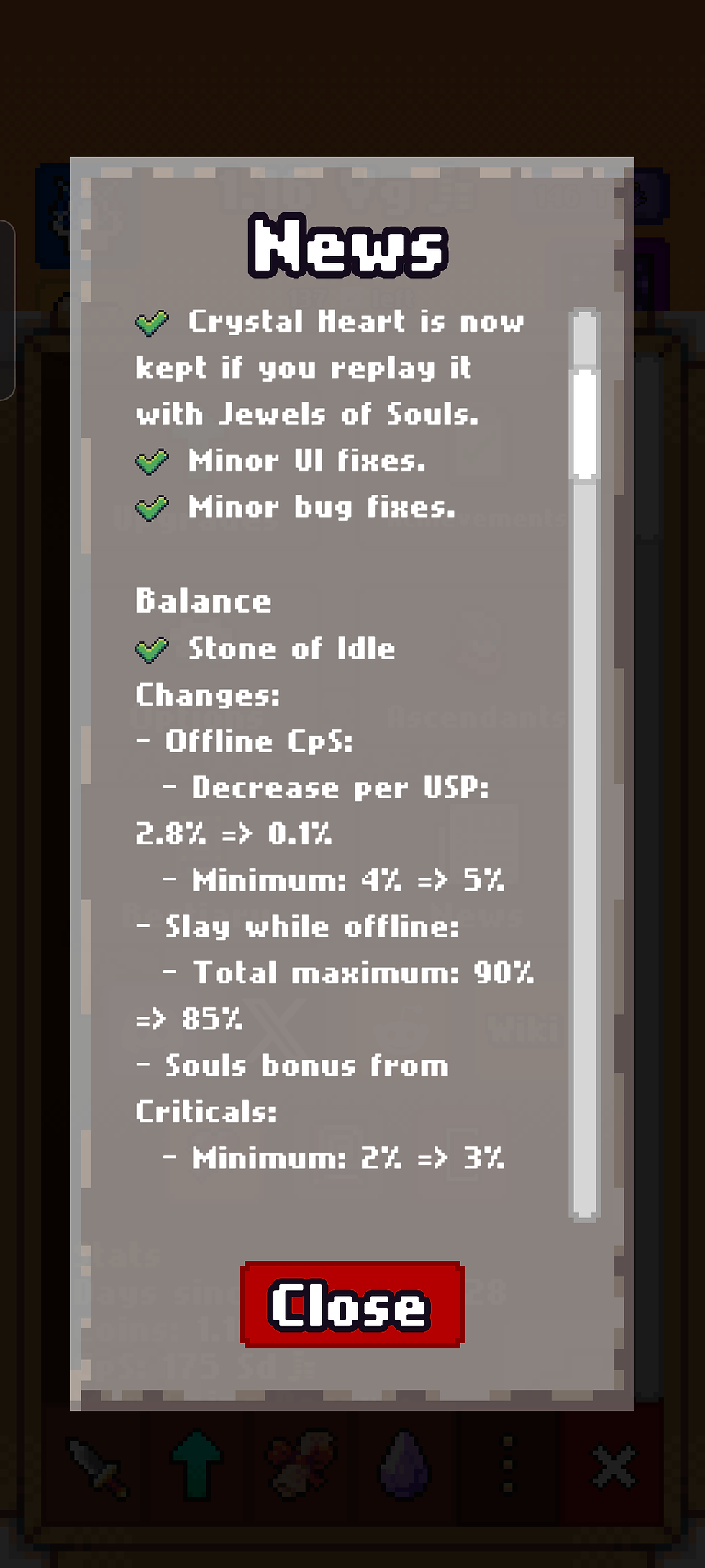 Idle Slayer's 'news' tab showing the latest update