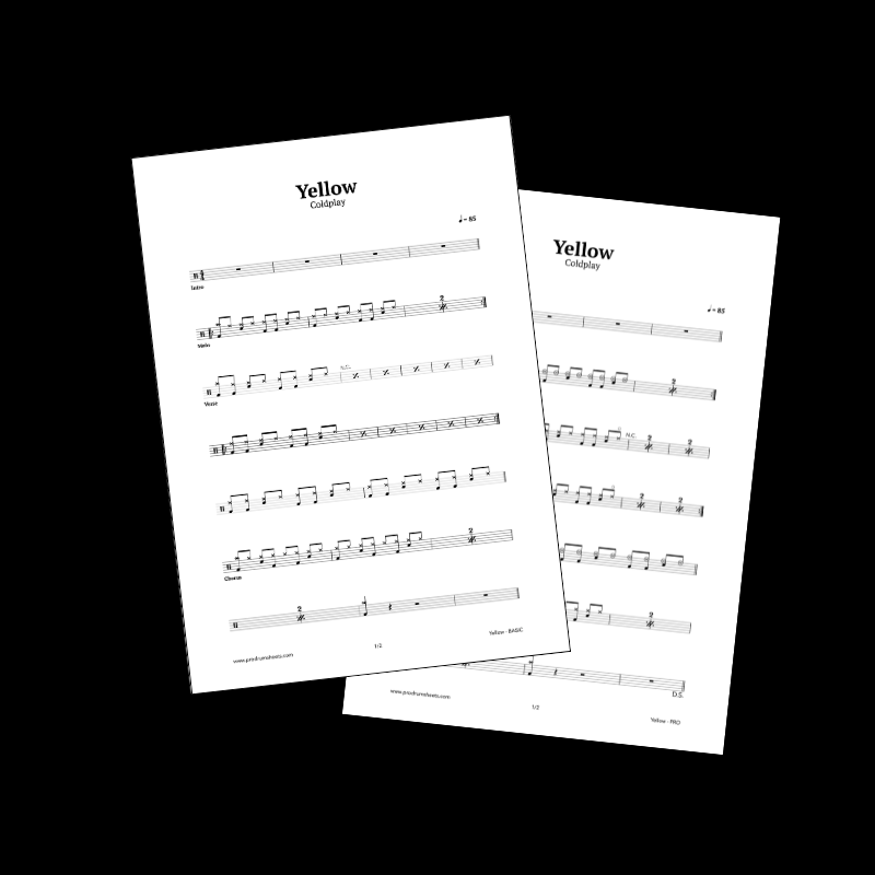 Yellow by Coldplay - Ultimate Drum Sheet Music Pack - PDF