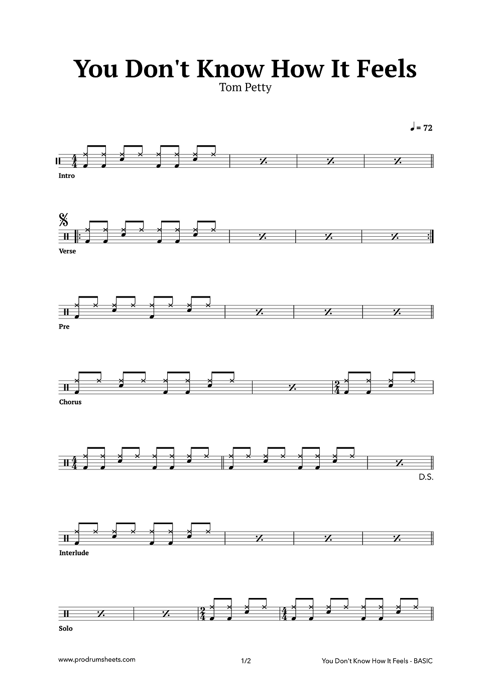 You Don't Know How It Feels - Tom Petty | Free Drum Sheet Music (Page 1)