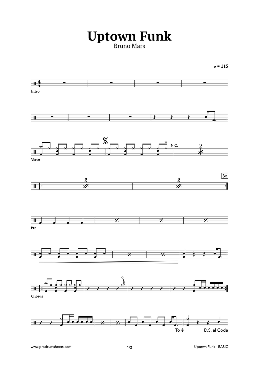 Uptown Funk - Bruno Mars | Free Drum Sheet Music (Page 1)