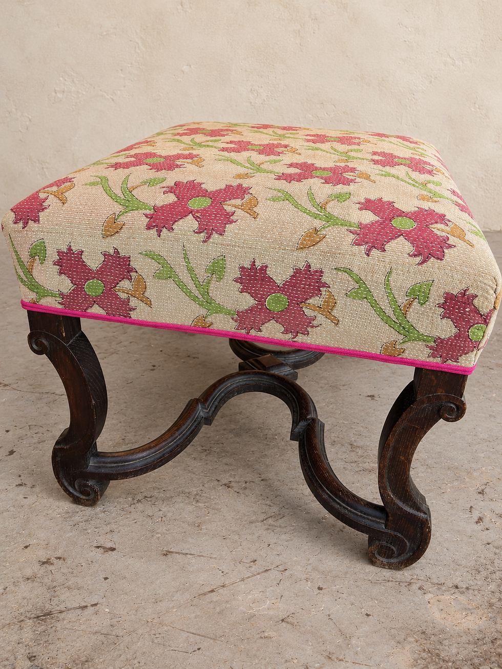 Thumbnail: Tabouret fin XIX en noyer, tapissé en kantha indien vue de côté