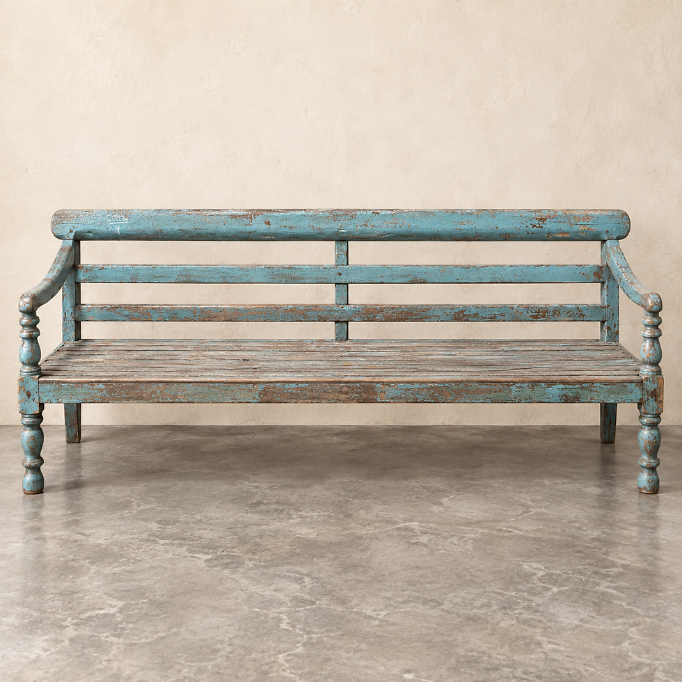 Banc indien vintage en bois laqué bleu et noir vue de profil VUE DE FACE