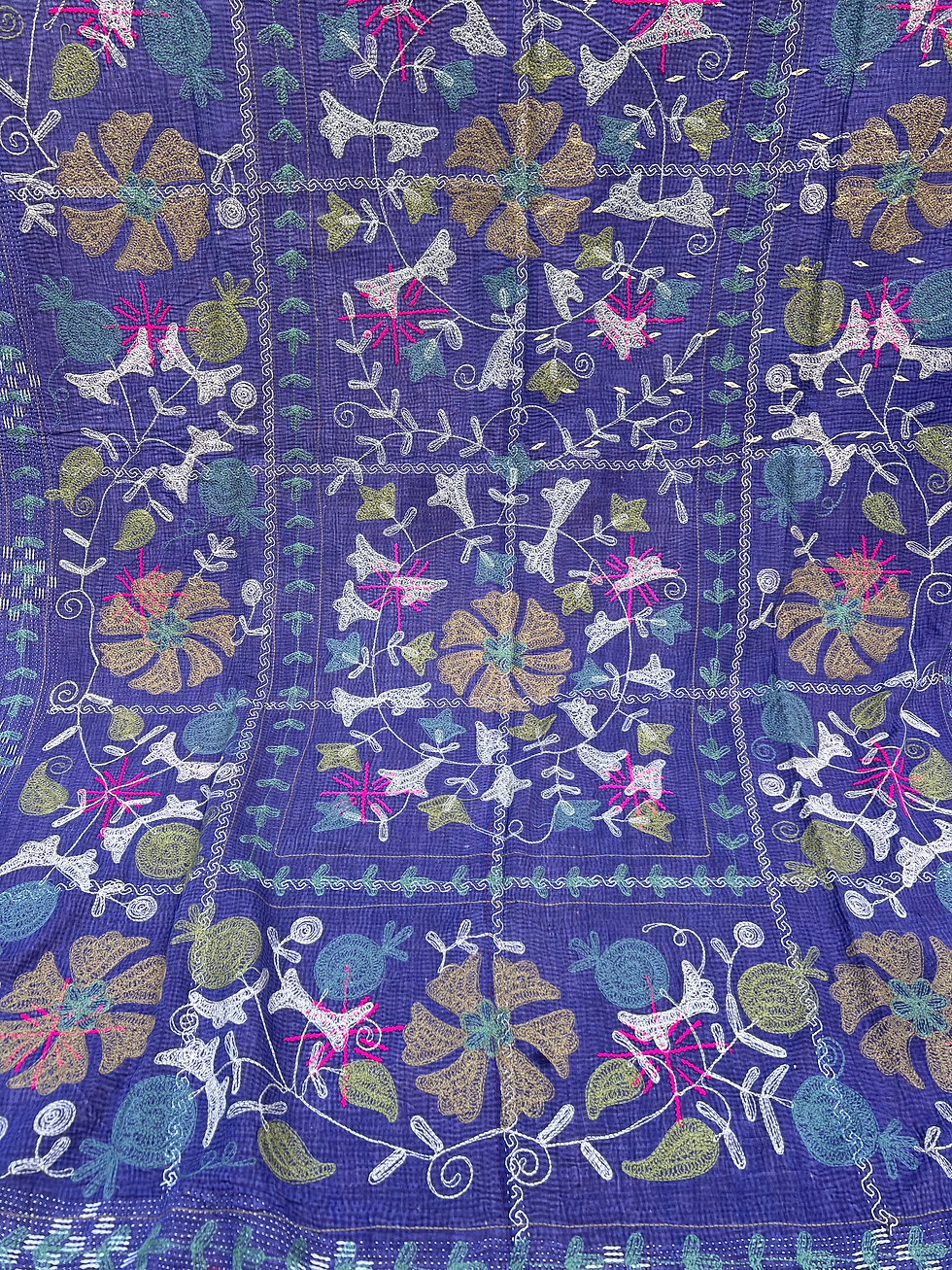 Miniature : Kantha indien ancien violet et rose ,  broderies  multicolores vue de face , détail