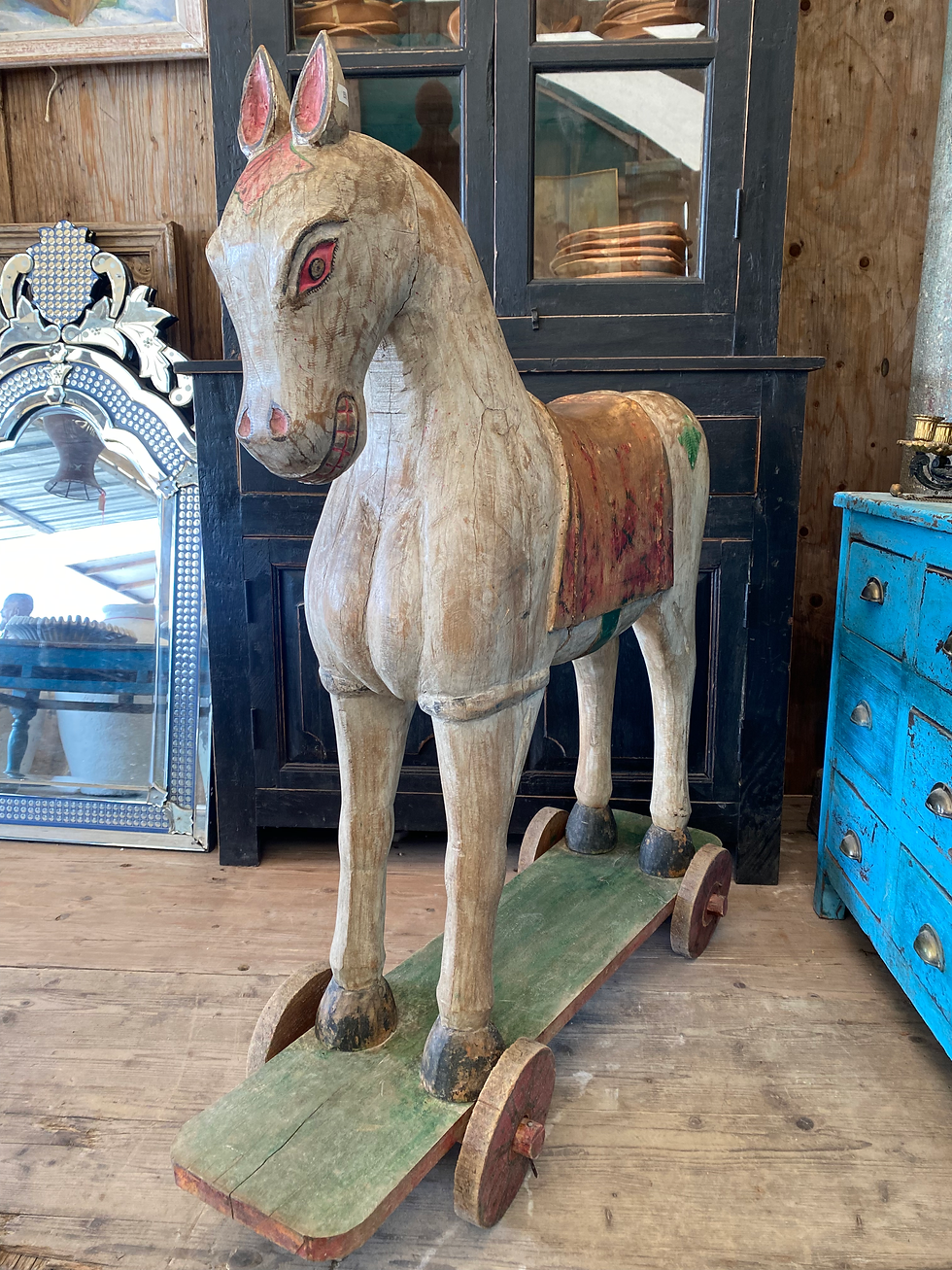 Miniature : Cheval en bois polychrome sur roulettes - ref 789