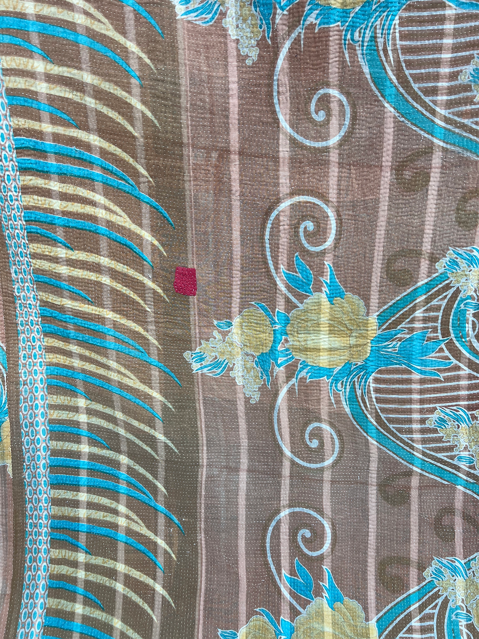 Miniature : Kantha indien ancien, jaune et bleu vue de détail