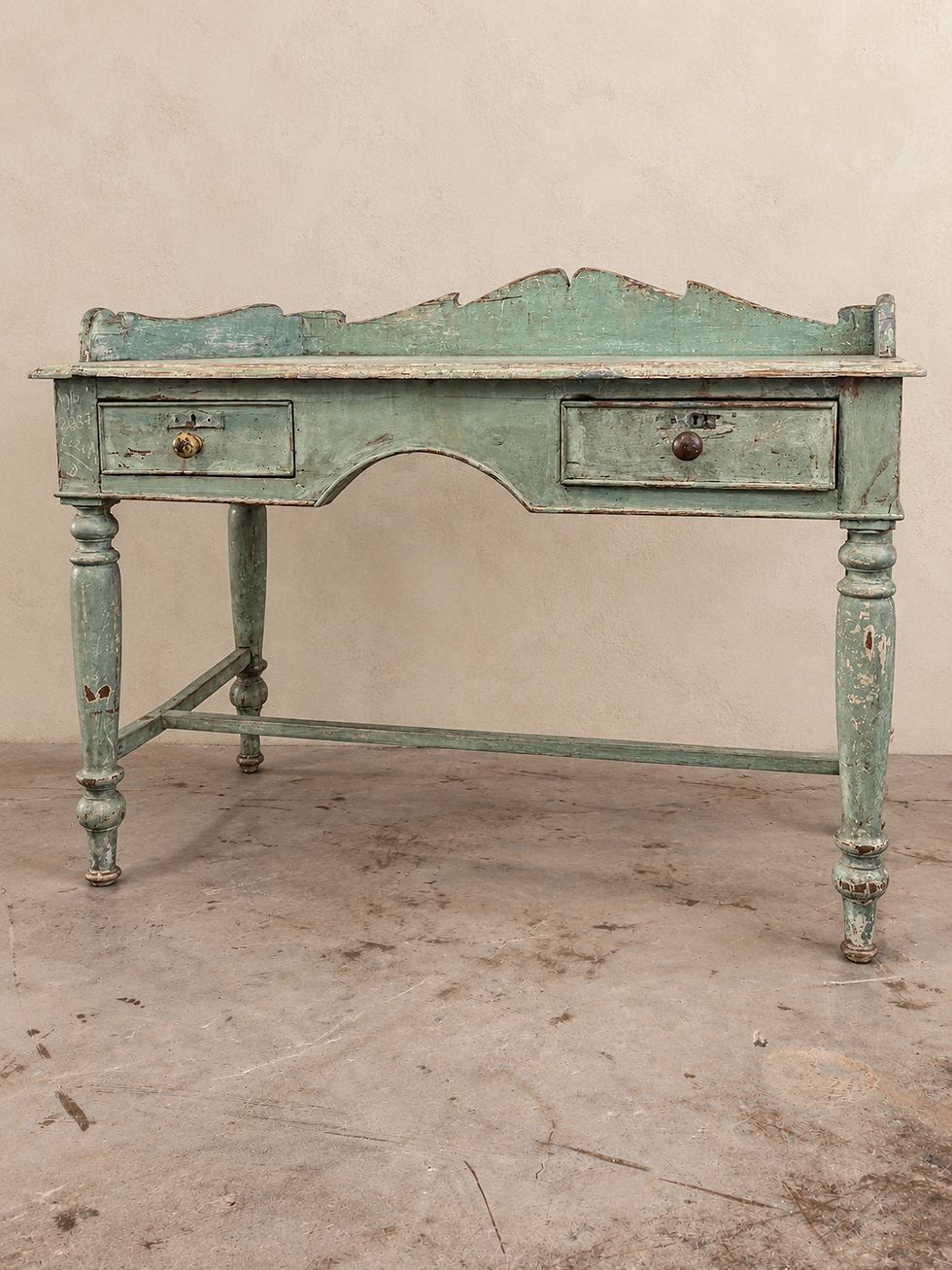 Bureau indien en bois laqué bleu, vintage vue de face
