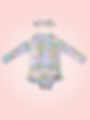 Front view of one-piece rashguard fabric showing colorful unicorn design