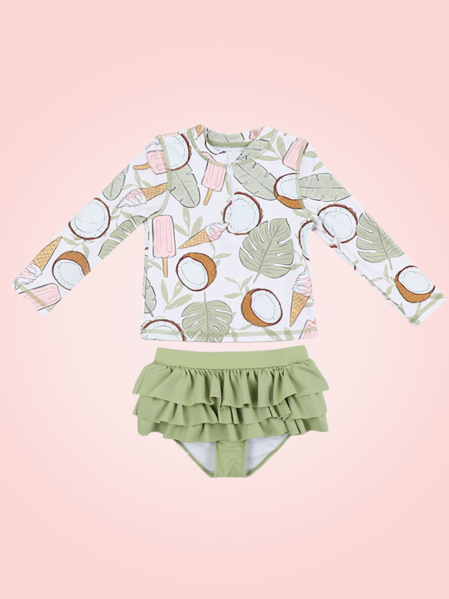 Thumbnail: Front view of two-piece rashguard fabric showing colorful design