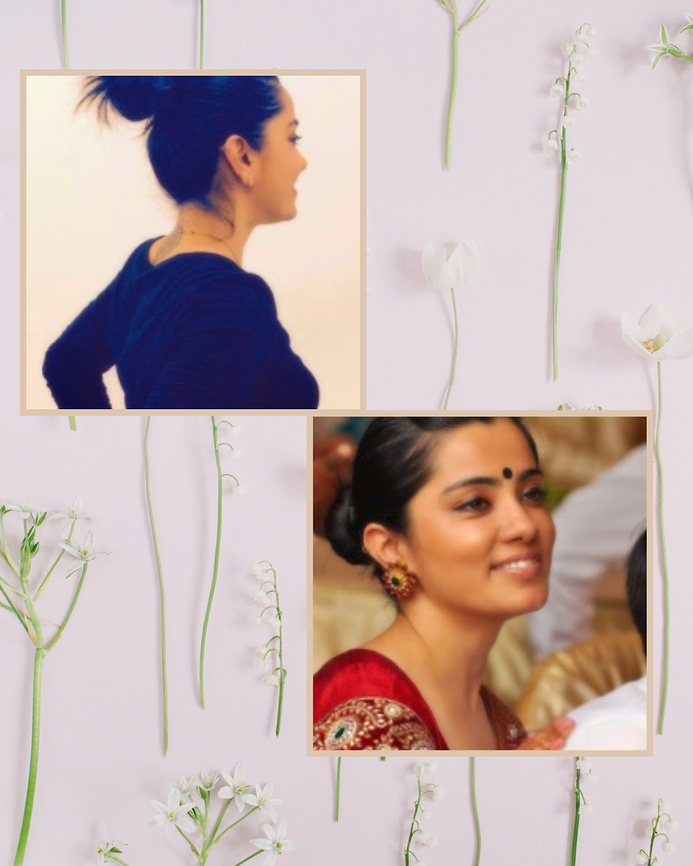 Two portraits of a woman with a bun hairstyle; one in a dark top, one in a red outfit with earrings. Floral background with white flowers.