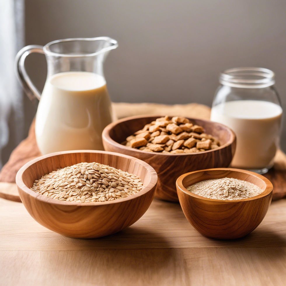 Wooden bowls of oats and cereal, alongside glass jars of milk, on a wooden table. Neutral tones, soft lighting, cozy setting.