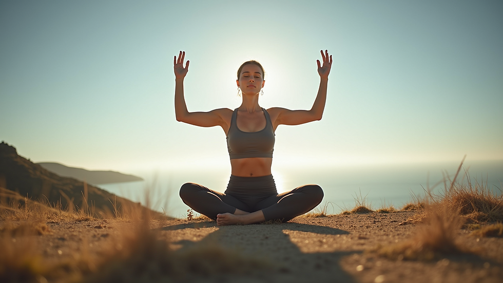 Eye-level view of an individual practicing yoga in a peaceful location