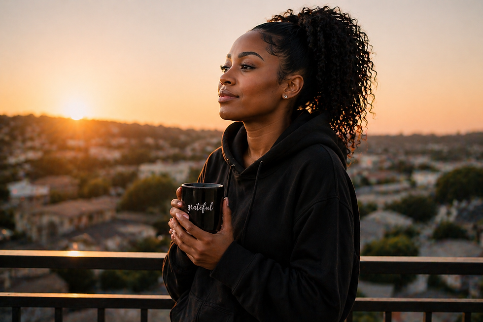 Confident black woman looking ahead calmly, symbolizing growth, clarity and personal development with ChatGPT