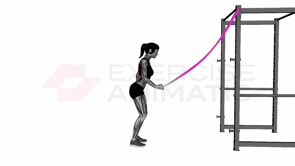 3D animation of a female performing band triceps pushdown single arm with muscle highlights