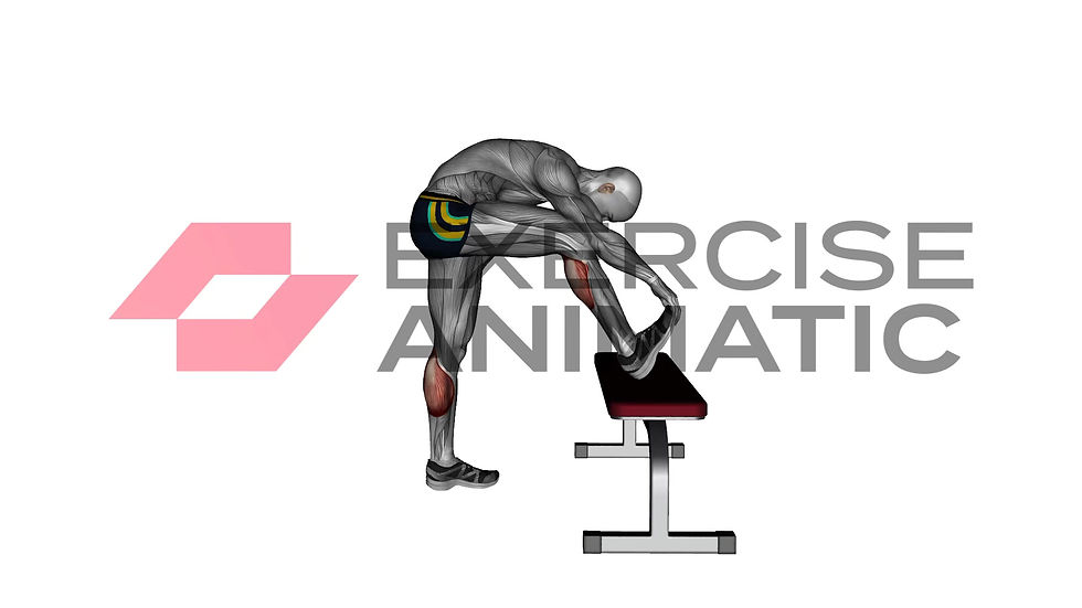 3D animation of a male performing Standing gastrocnemius stretch with muscle highlights