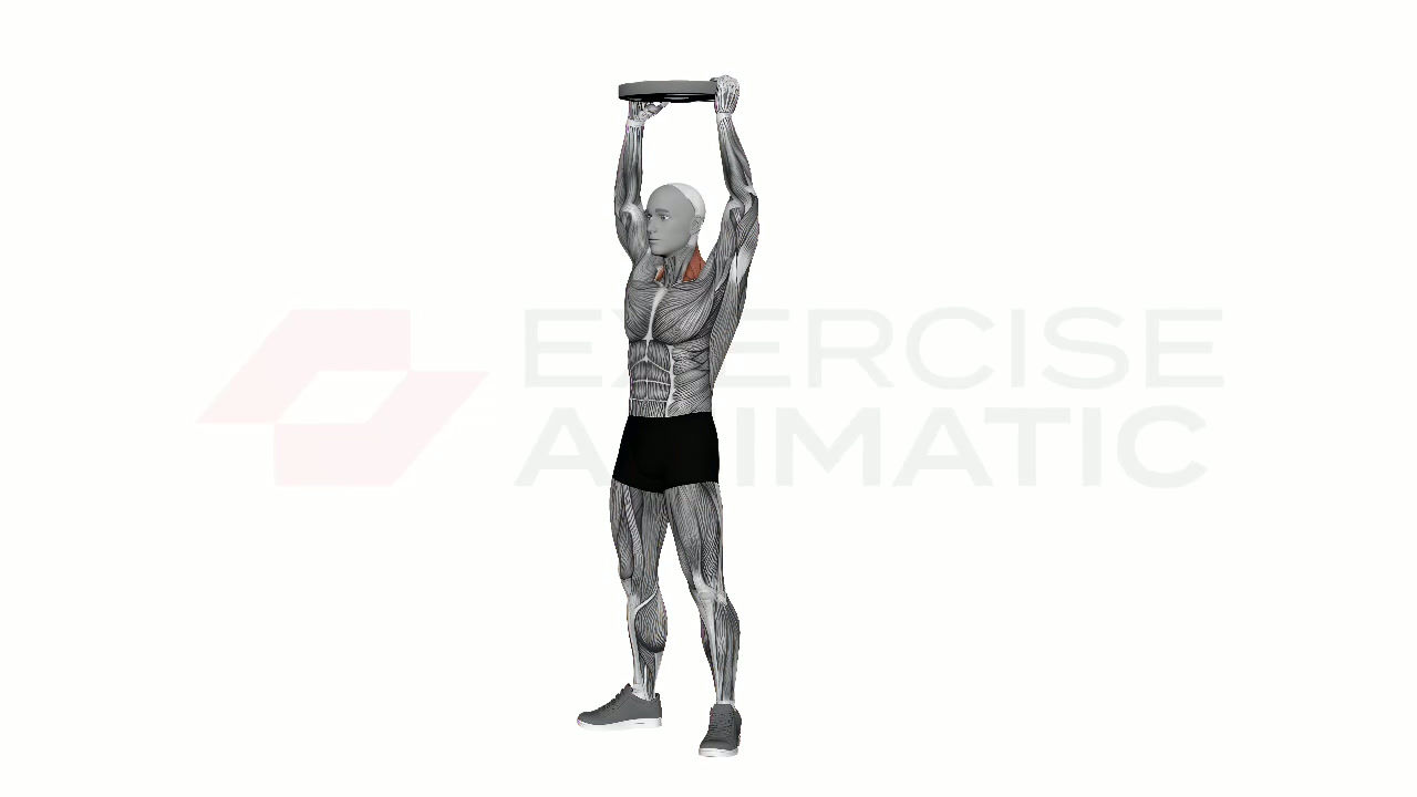 3D animation of a male performing Plate Overhead Shrug with muscle highlights