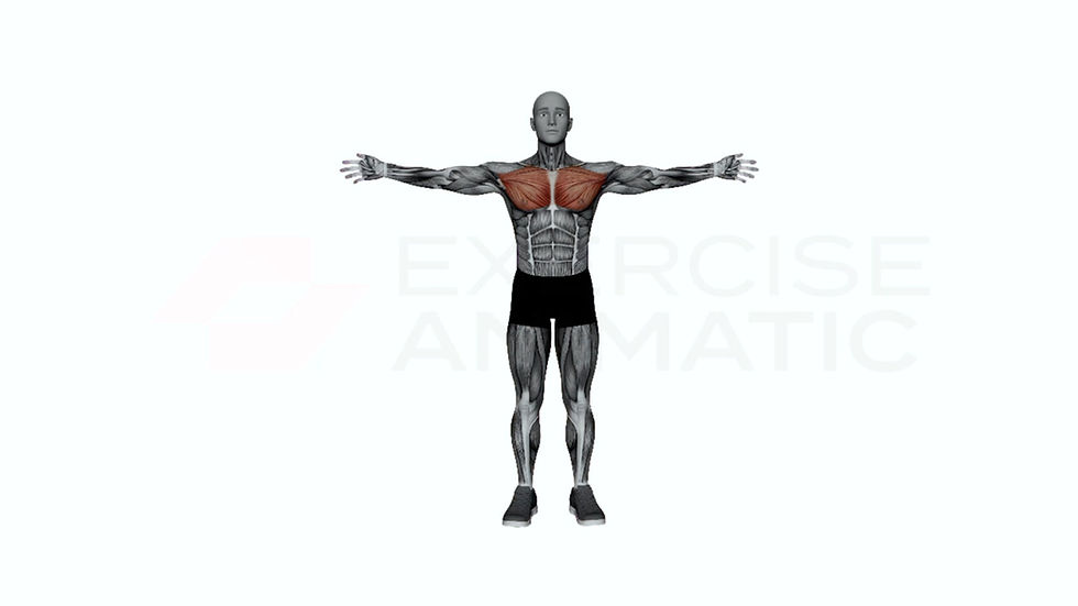 3D animation of a male performing arms wide chest stretch with muscle highlights