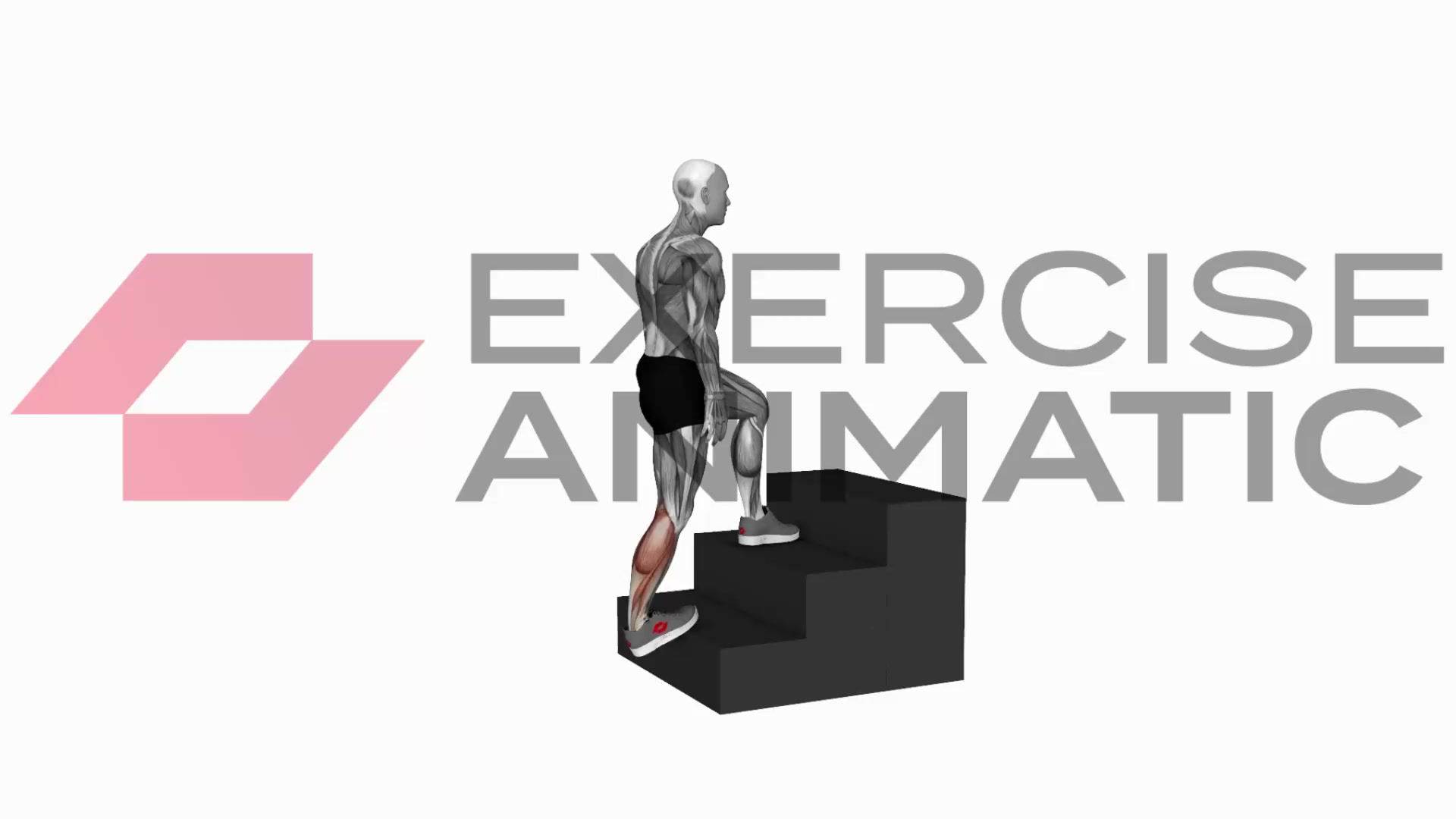 3D animation of a male performing Calves stretch on stairs with muscle highlights