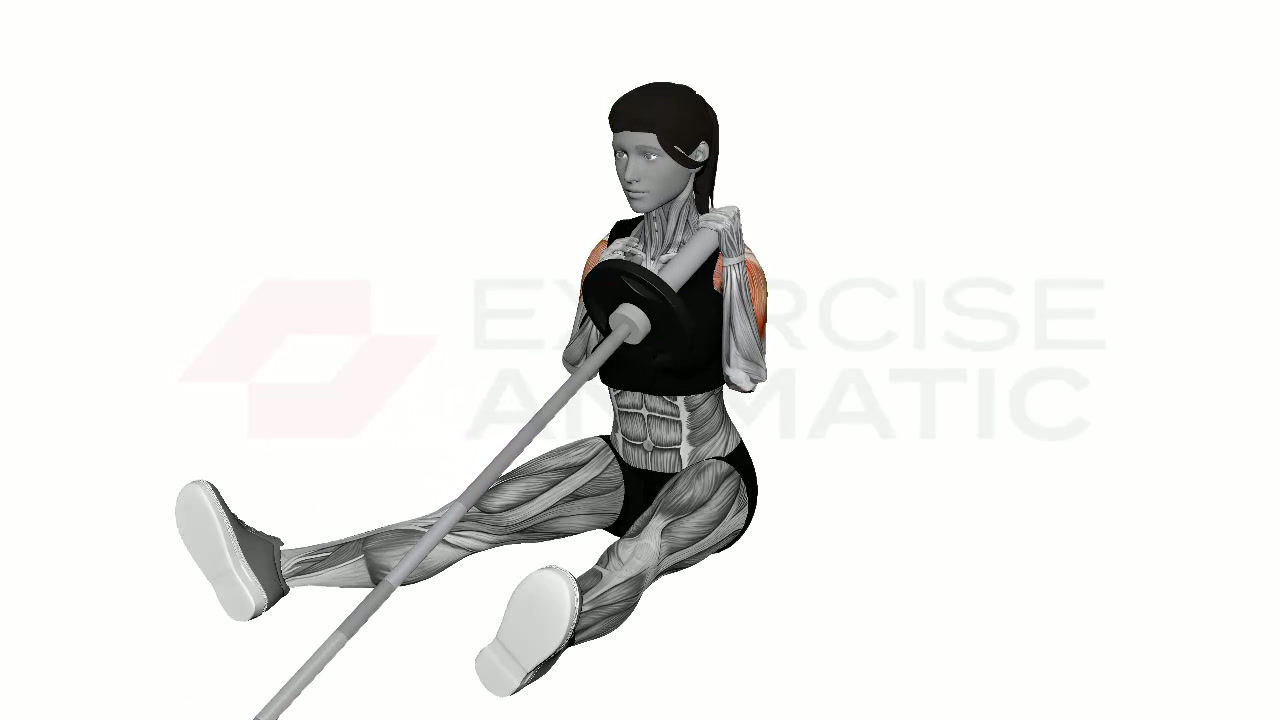 3D animation of a female performing Landmine Seated Alternating Overhead Press with muscle highlights