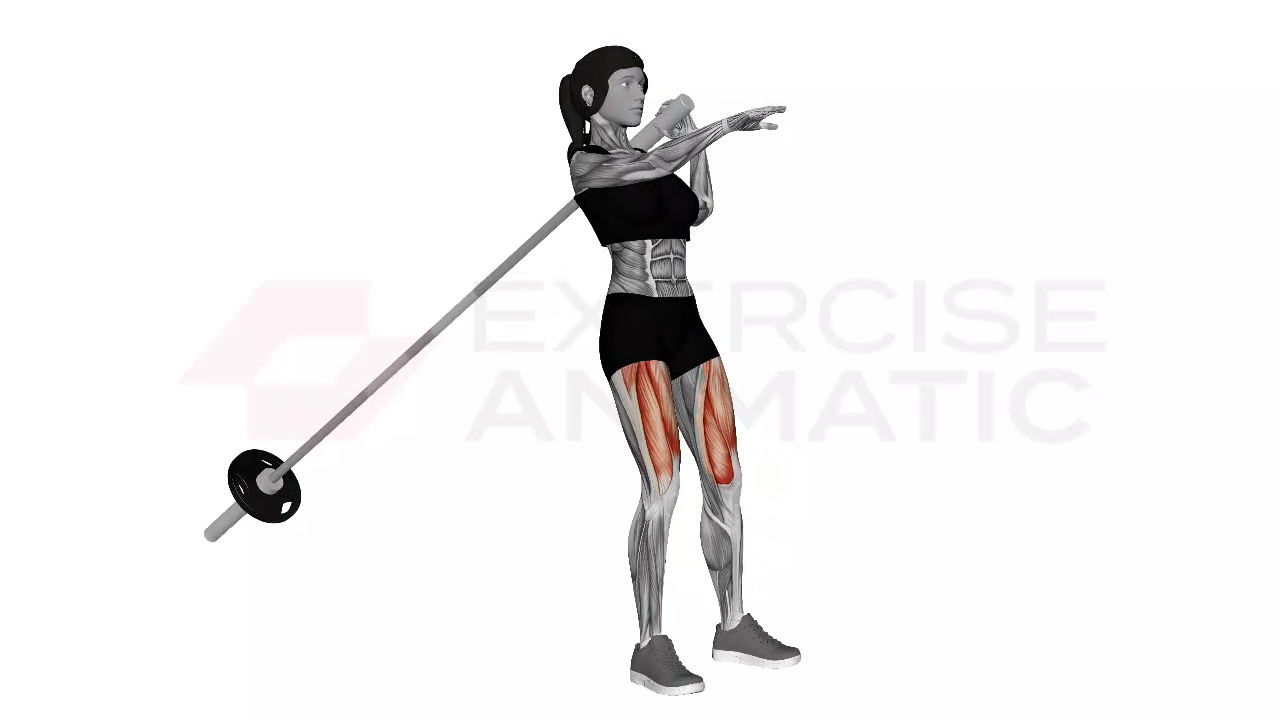 3D animation of a female performing Landmine Hack Squat with muscle highlights