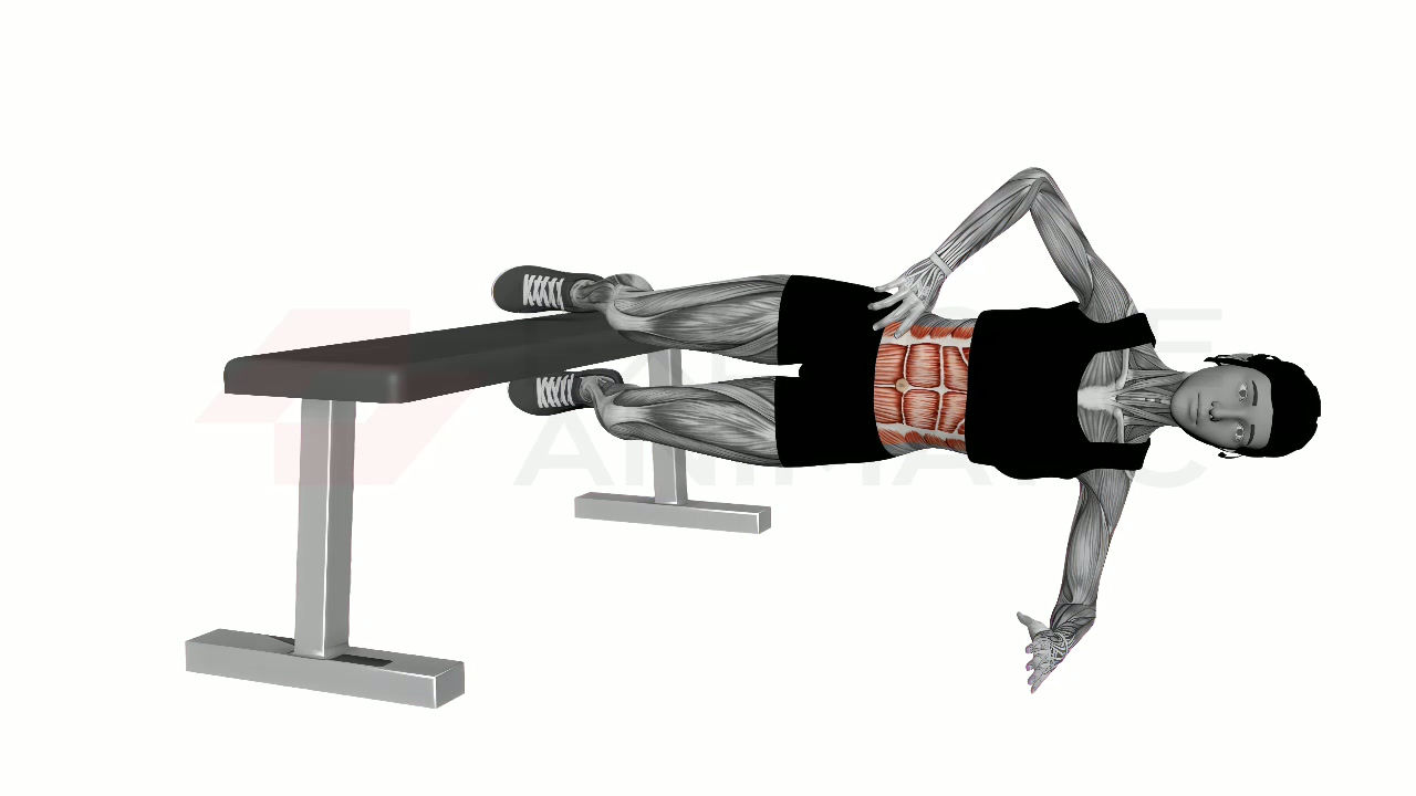 3D animation of a female performing Copenhagen Plank with muscle highlights