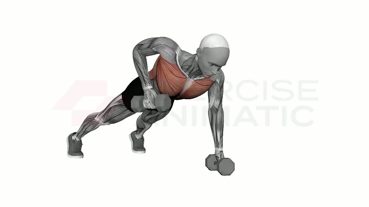 3D animation of a male performing Pushup to Renegade Row with muscle highlights