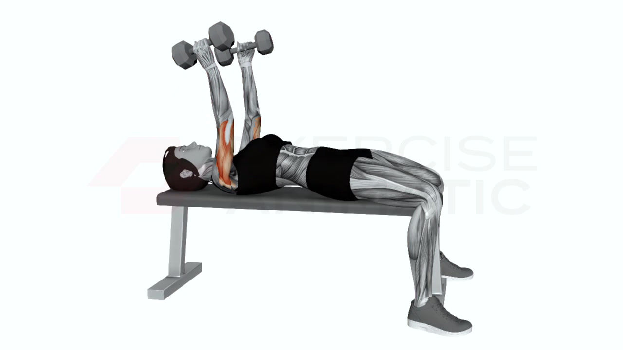 3D animation of a female performing dumbbell skullcrusher with muscle highlights