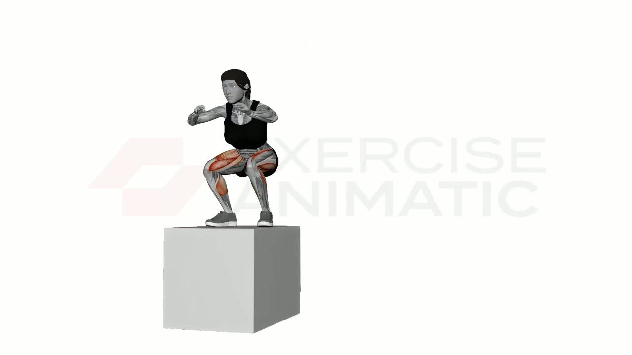 3D animation of a female performing Lateral Box Jump with muscle highlights