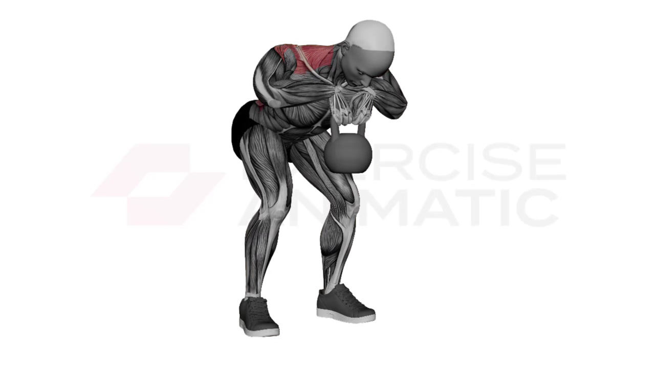 3D animation of a male performing Kettlebell Rear Delt Row with muscle highlights