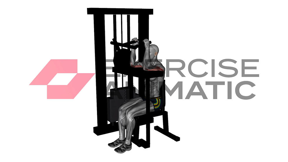 3D animation of a male performing Tricep extension machine with muscle highlights