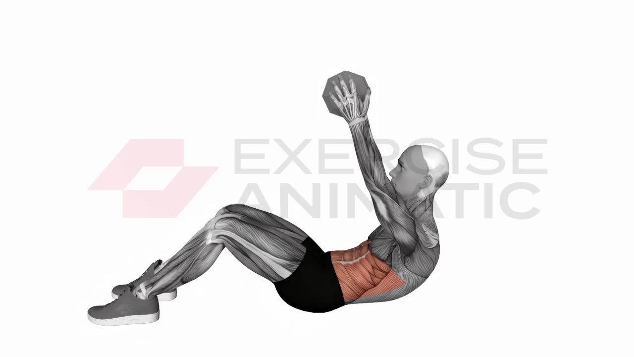 3D animation of a male performing dumbbell straight arm crunch with muscle highlights