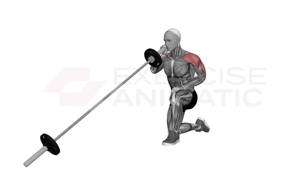 3D animation of a male performing Landmine Half Kneeling Single Arm Overhead Press with muscle highlights