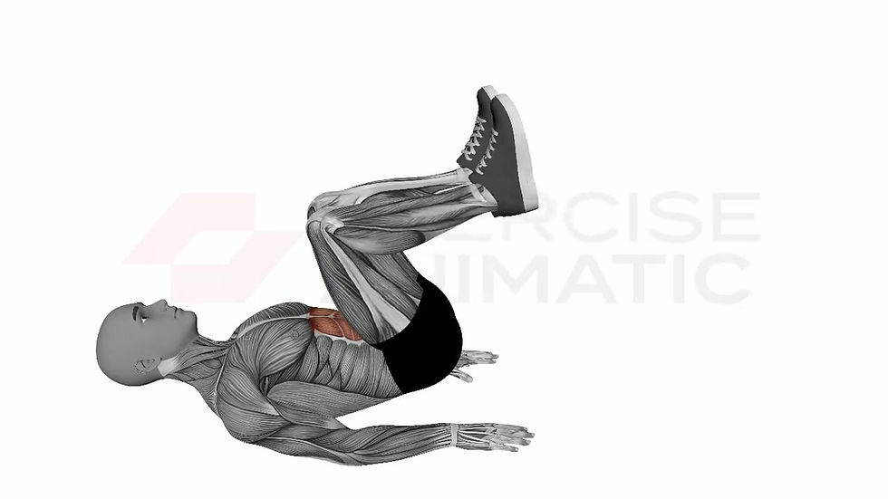 3D animation of a male performing Reverse Crunch With Kick Out with muscle highlights
